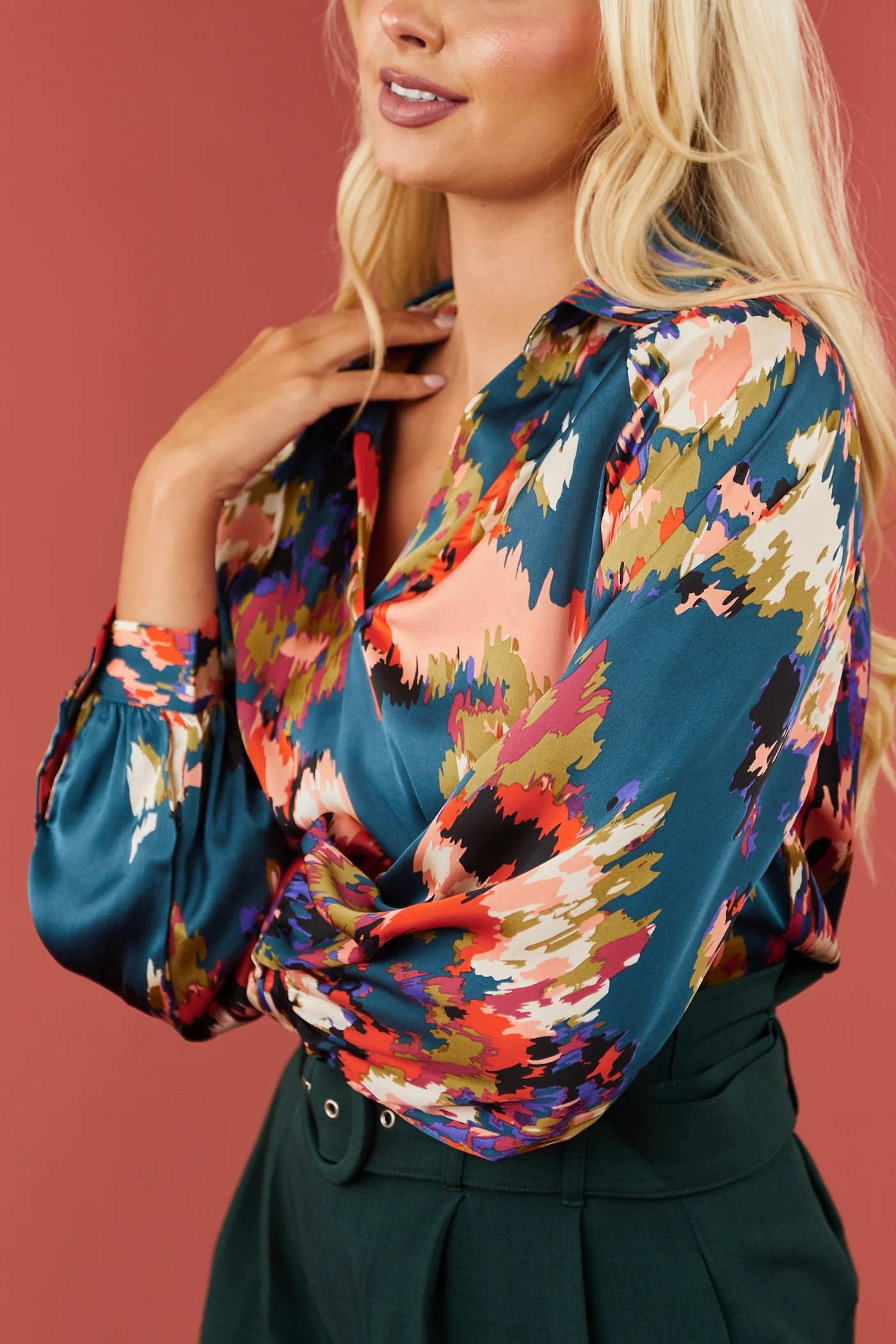 Dark Pine Abstract Print Collared Top (2)