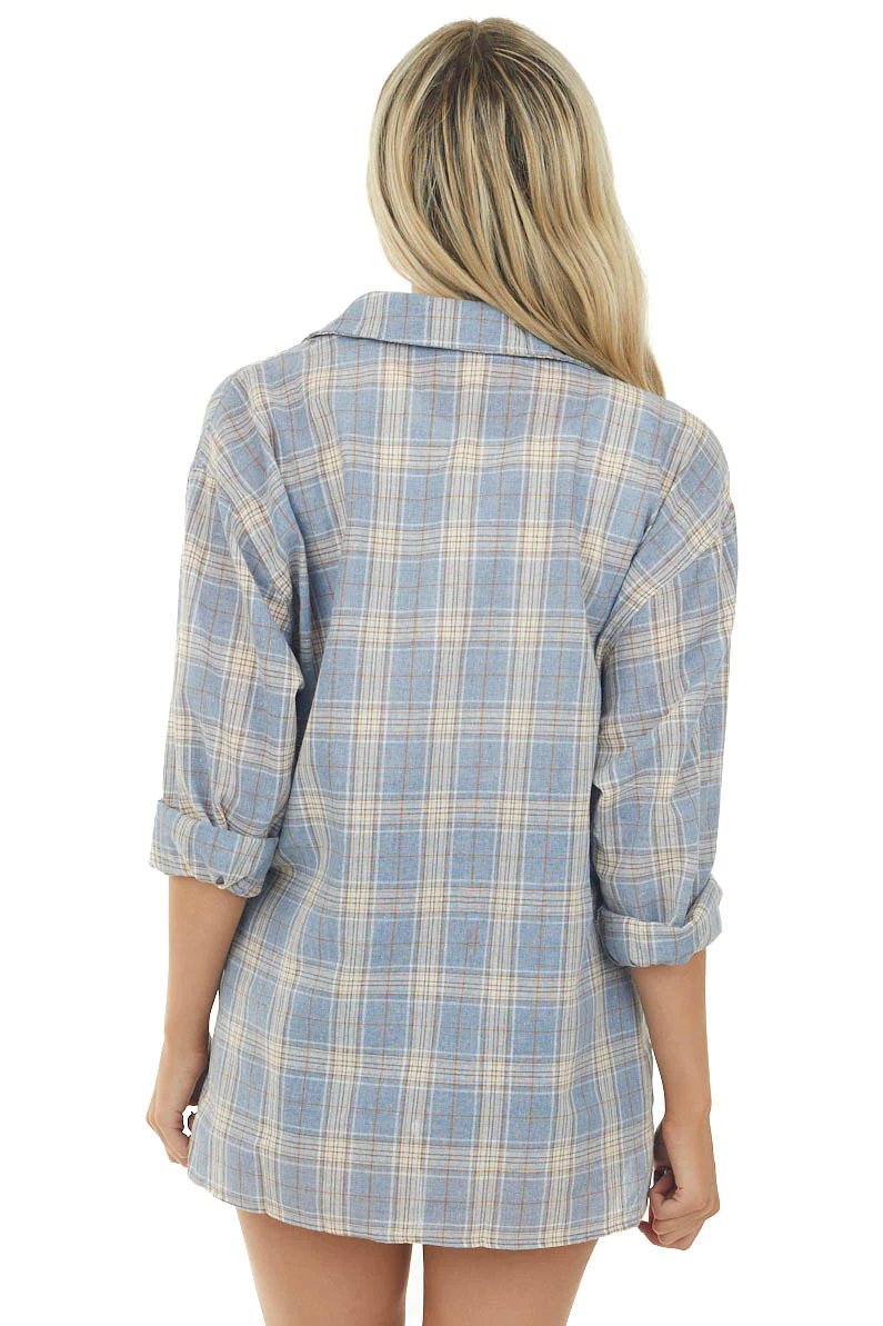 Dusty Blue Plaid Front Knot Button Down Shirt (1)