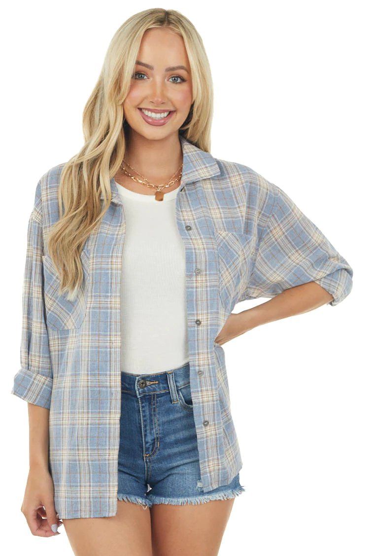 Dusty Blue Plaid Front Knot Button Down Shirt (2)
