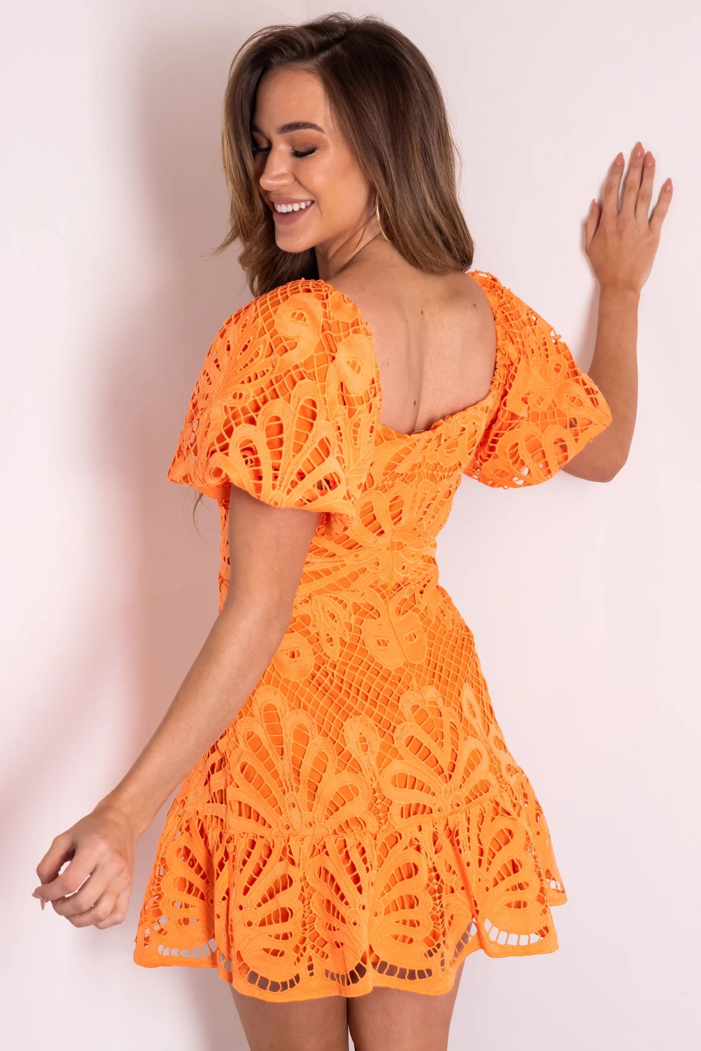 Flying Tomato Neon Orange Puff Sleeve Notch Neck Lace Dress (2)