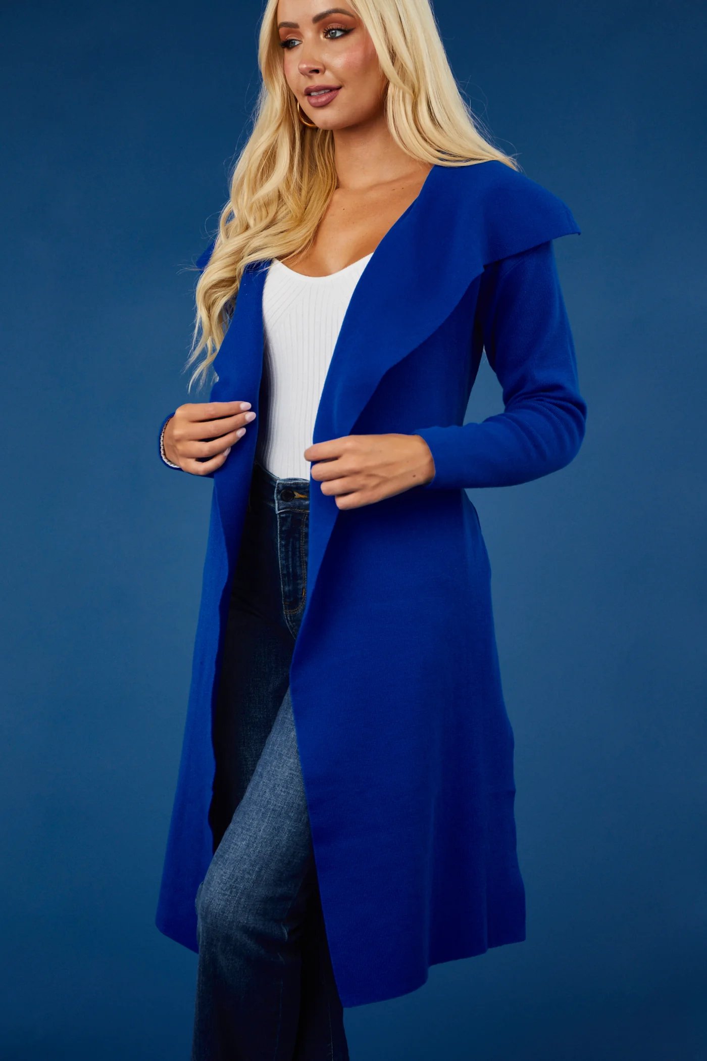 Luna Cobalt Open Waist Tie Ribbed Knit Coat (2)