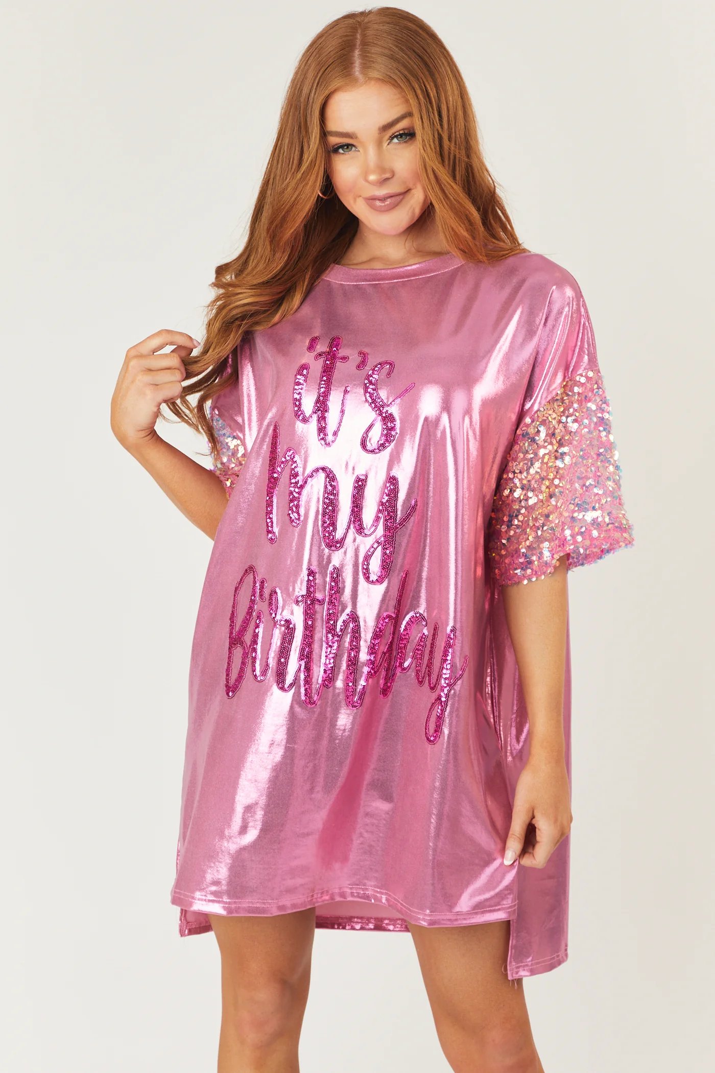 Metallic Pink 'It's My Birthday' Tee Shirt Dress (1)