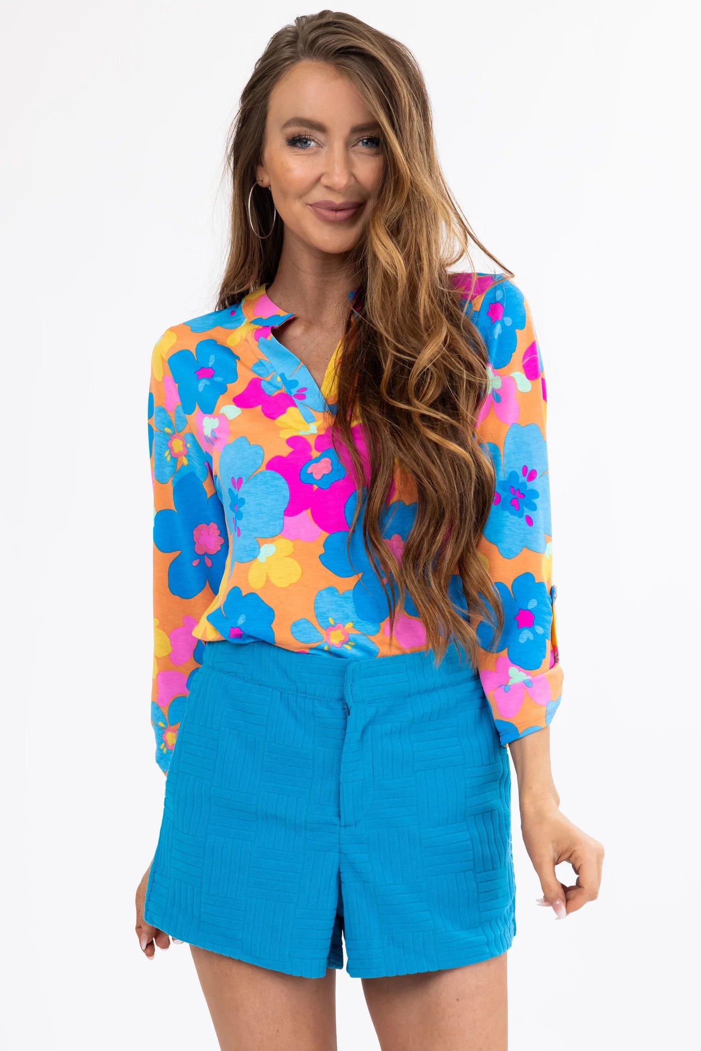 Multicolor Bright Floral 3_4 Sleeve Knit Blouse